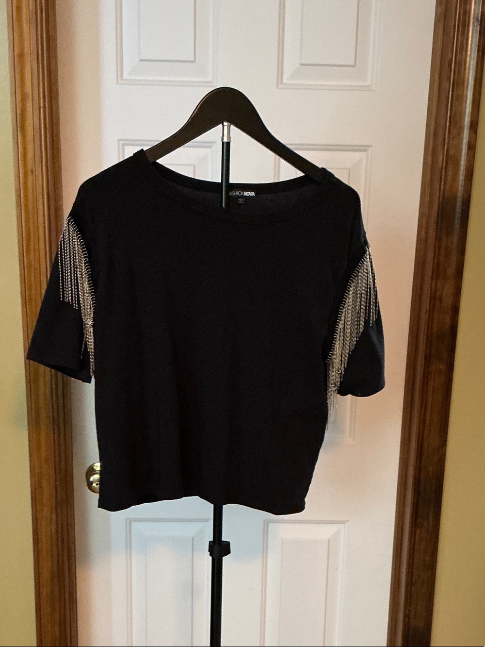 Fashion Nova Black Short Sleeve Top with Silver Fringe Sleeves